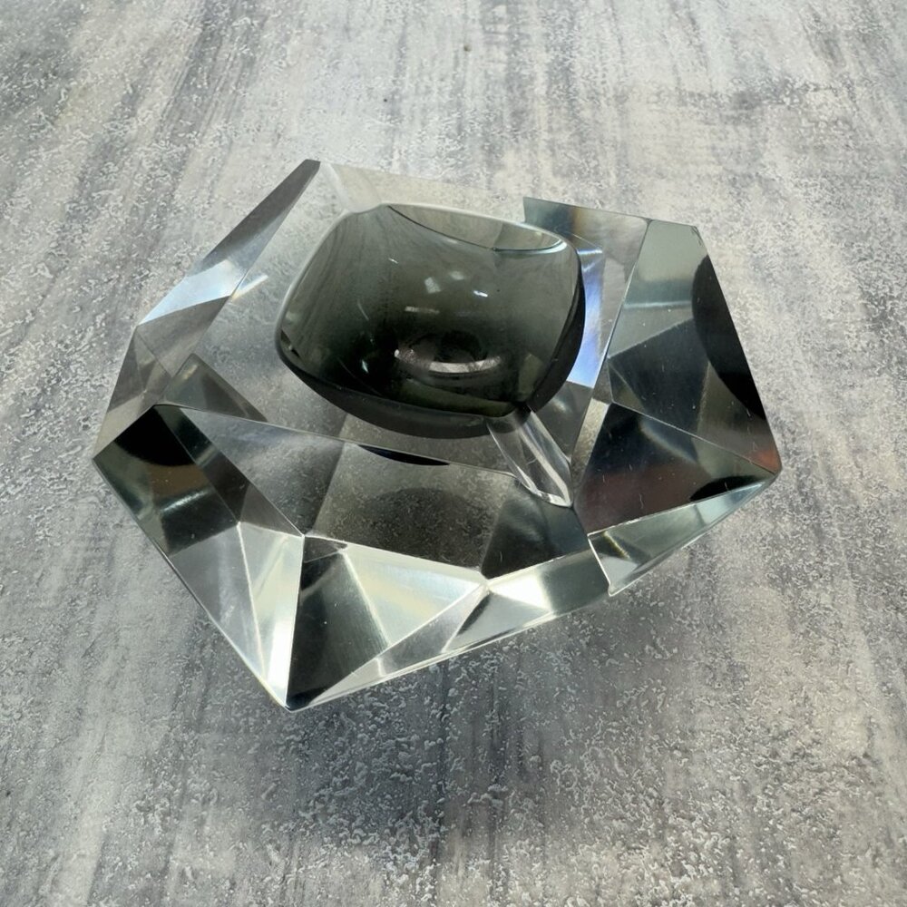 Murano Ashtray Mid Century Modern Faceted Grey Black Amber Glass Art Bowl